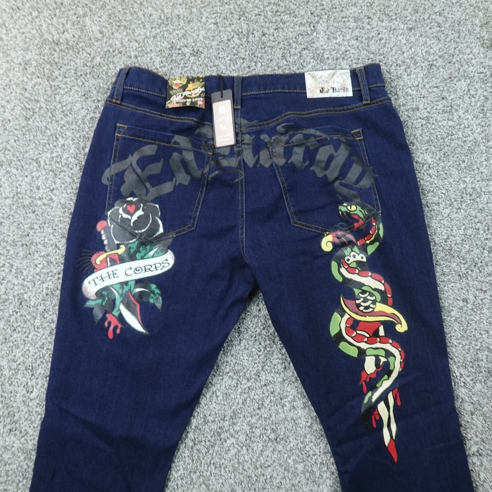 NEW Ed Hardy Jeans Mens 36X37 Blue Denim Pants Boot Flare Tattoo Snake Stretch